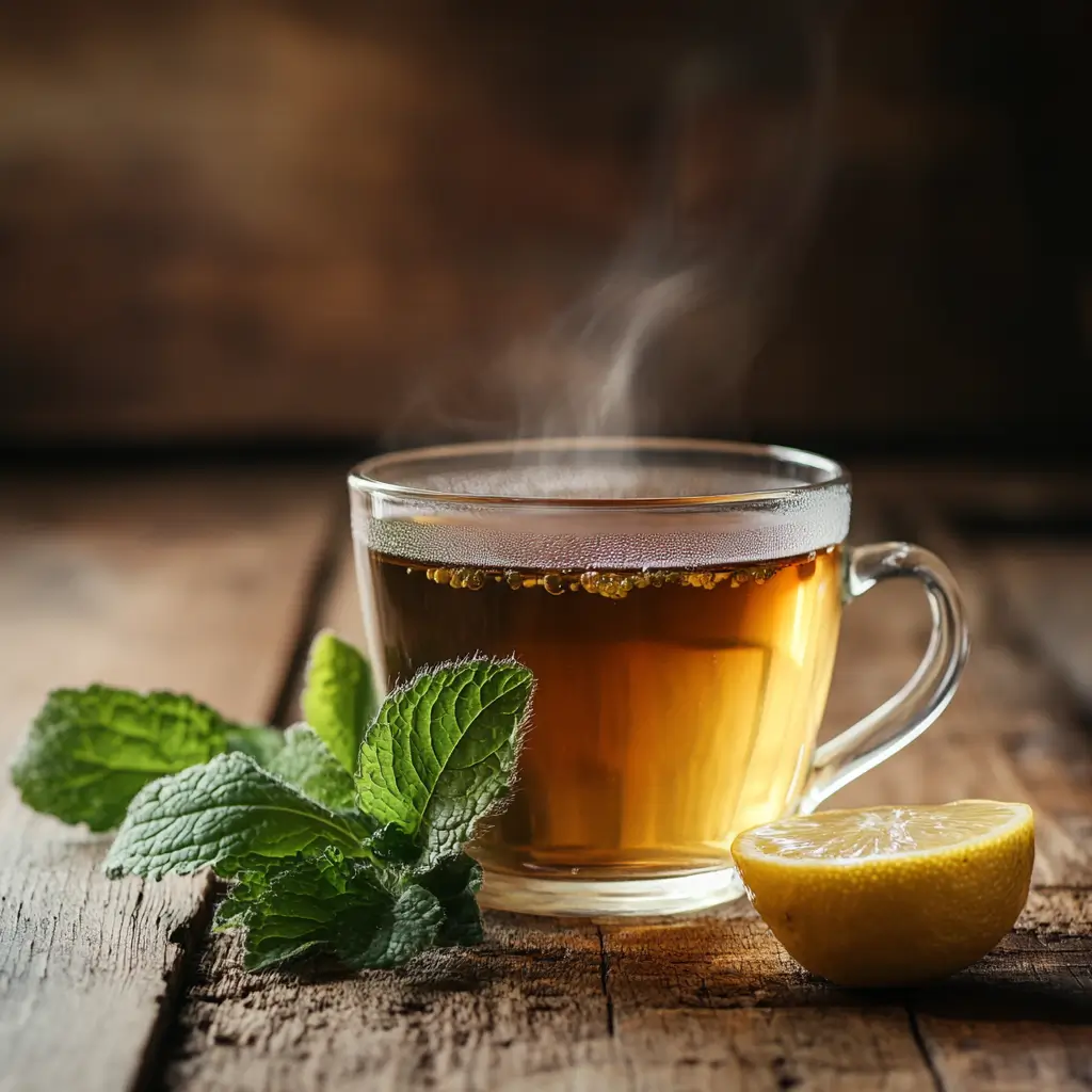 recipe lemon balm tea in rustic kitchen