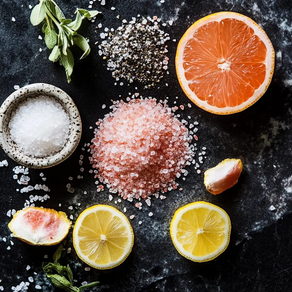 Ingredients for a homemade Himalayan pink salt blend including garlic powder, black pepper, herbs, and chili flakes.